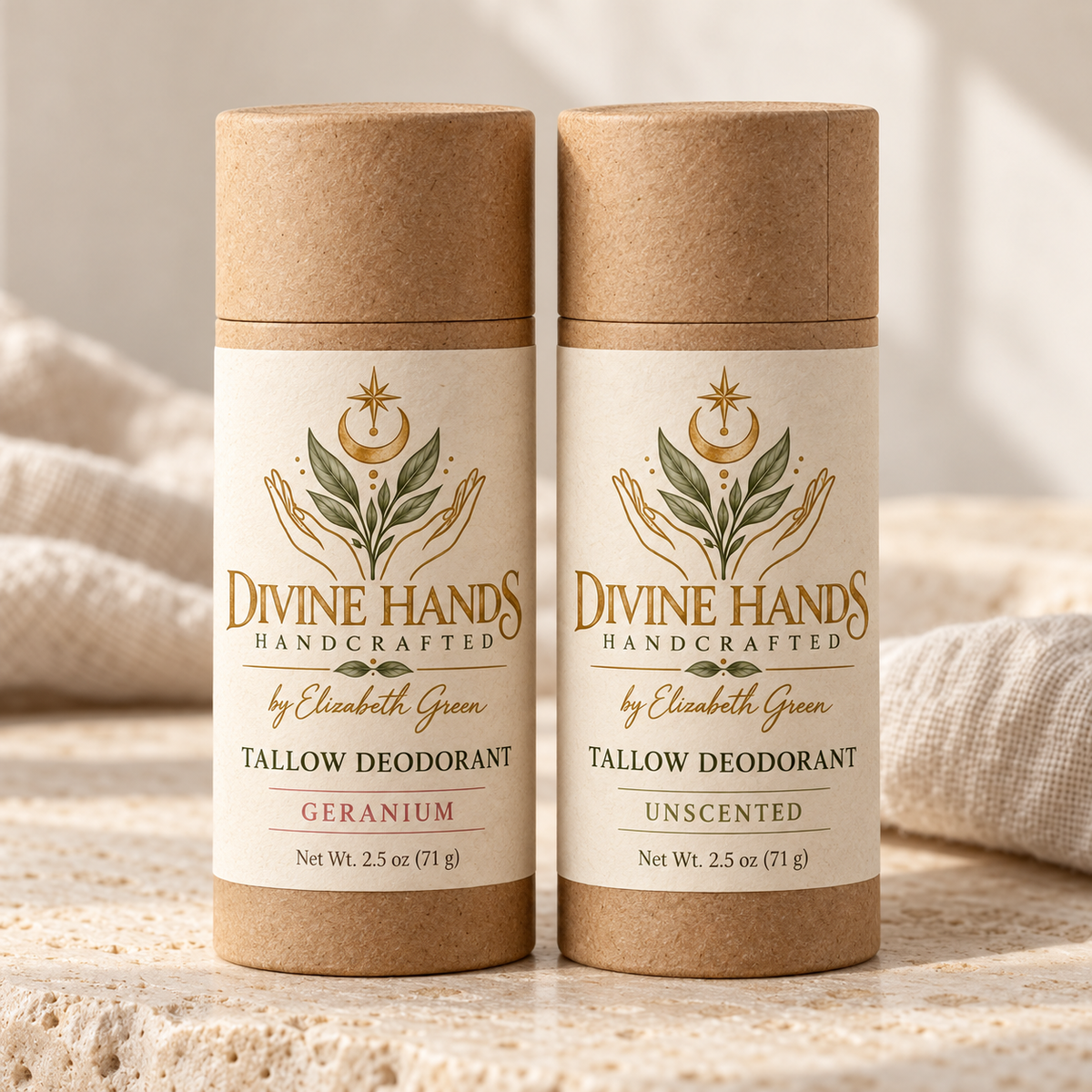 Geranium and Unscented Tallow Deodorant in kraft paperboard tubes