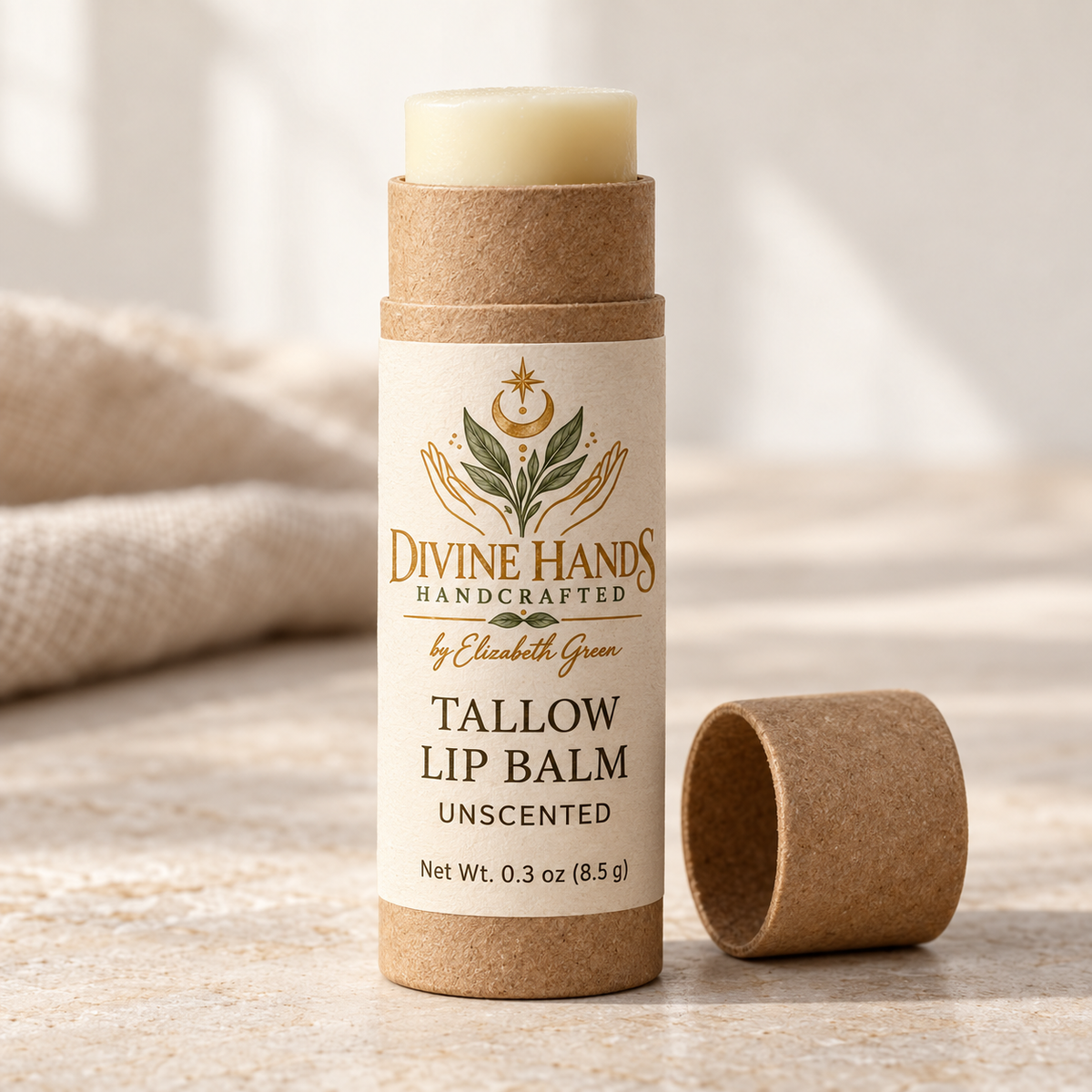 Divine Hands Handcrafted unscented tallow lip balm in a kraft paperboard tube